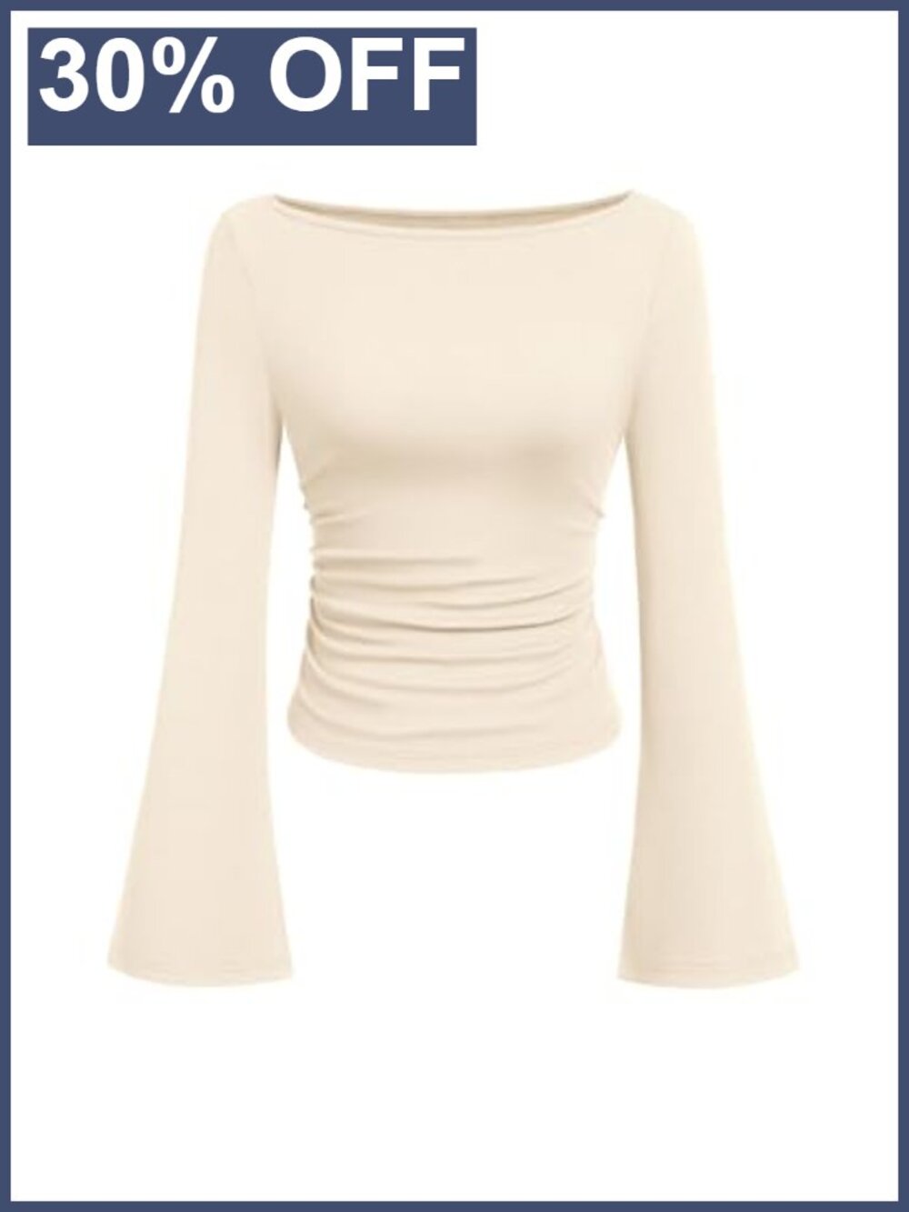 Ribbed Knit Bell Long Sleeve Boat Neck Crop Top Casual Tunic